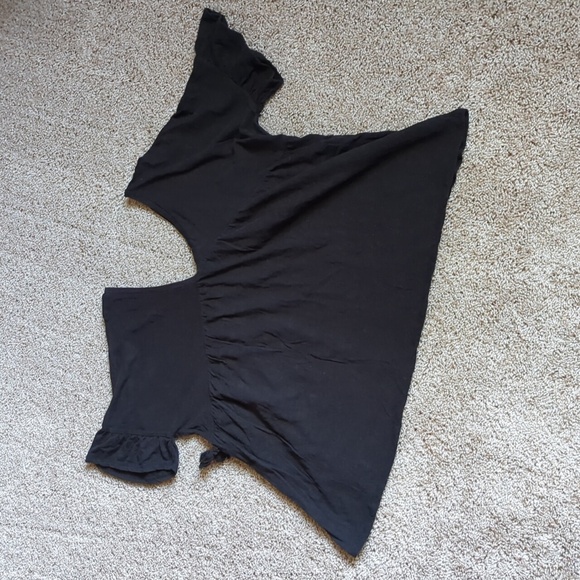 Mustard Seed Double V Fringe Ruffle Sleeve Oversized BOHO Black Top - Picture 2 of 4